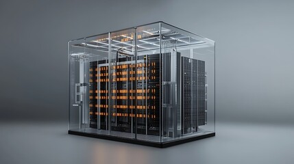 Futuristic transparent server rack with glowing components and intricate wiring illuminated against a clean modern studio background