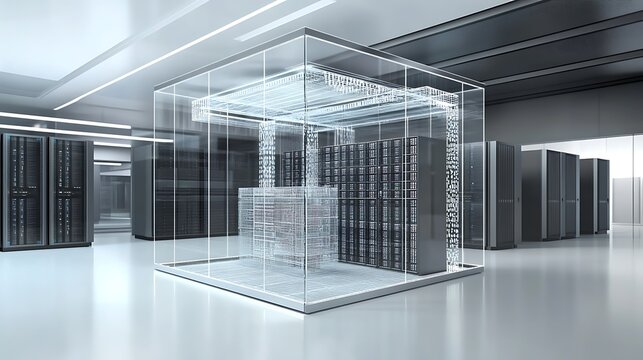 Futuristic transparent server rack with glowing data streams inside a modern data center with rows of servers