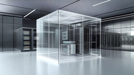Modern glass server room enclosure showcasing advanced technology and data center infrastructure with clean lines and futuristic design elements
