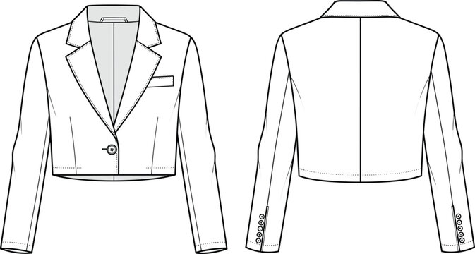 CAD drawing flat vector illustration of women's cropped blazer jacket, fashion technical sketch, formal wear design, coat mockup outline
