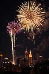 Bunte Feuerwerksraketen am Nachthimmel &uuml;ber einer Stadt
