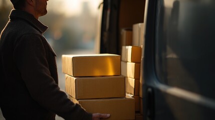 Delivery Person Loading Cardboard Boxes into Van at Sunset