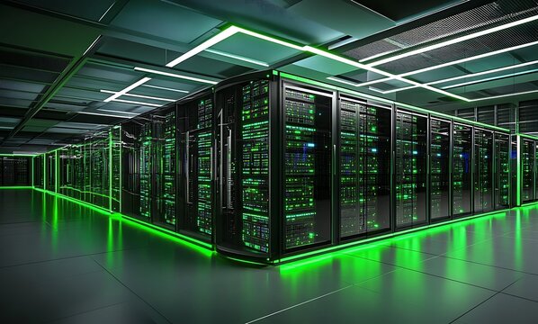Modern server room with glowing green led lights illuminating rows of data racks and computer hardware