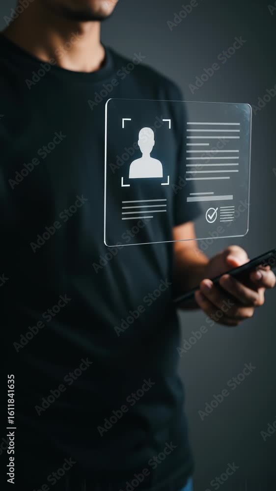 Poster identity verification: a man in his 20s interacts with digital personal profile interface on a futur