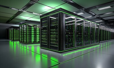 Modern data center with rows of illuminated server racks glowing with vibrant green light creating a futuristic technological environment