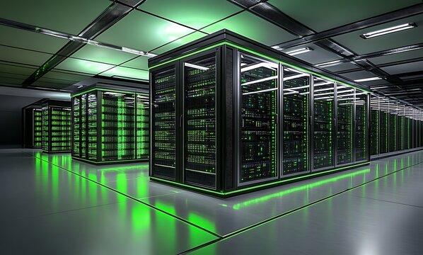 Modern data center with rows of illuminated server racks glowing with vibrant green light creating a futuristic technological environment