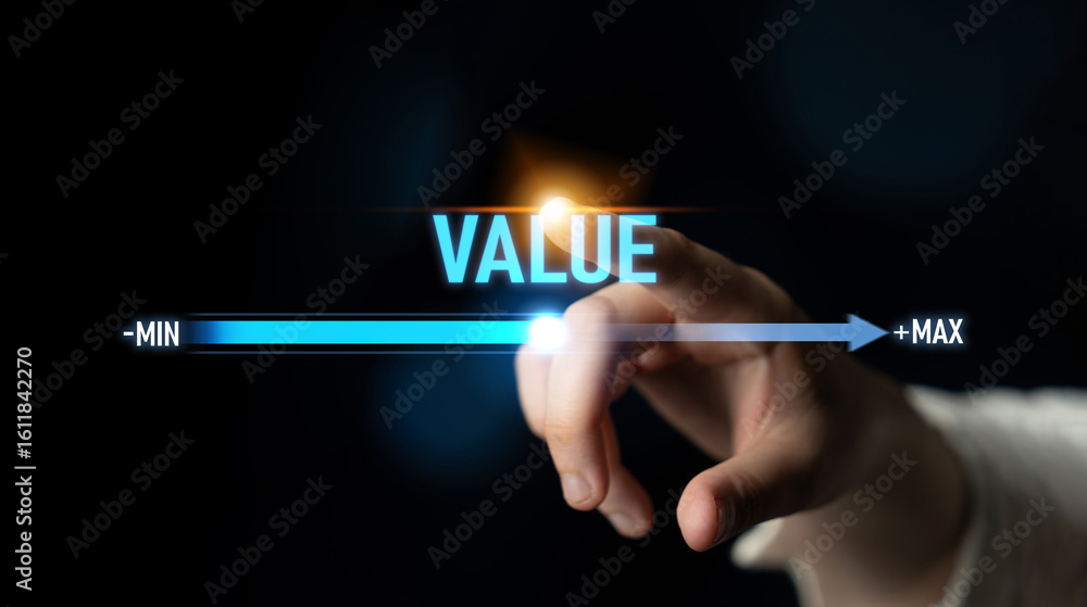 Poster value measurement and adjustment concept showing value, performance, and optimization level with foc