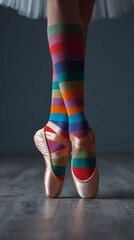 Ballet dancer wearing vibrant rainbow striped socks with classic pointe shoes – playful and creative dance photography for performance posters, fashion campaigns, and artistic editorials