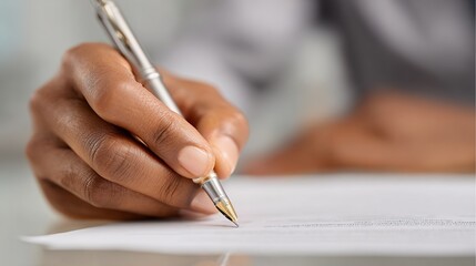 Hand Writing with Pen on Document in Business Office Setting
