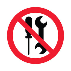 Prohibition sign for not to be serviced by users. ISO 7010 P069 Not to be serviced by users. No tools allowed sign. Maintenance warning symbol.