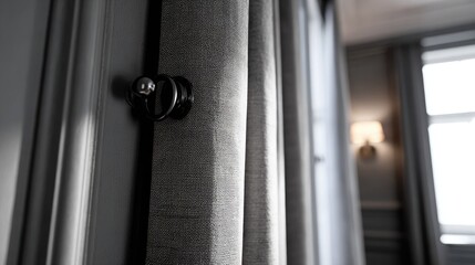 Gray linen curtain with metallic rings.