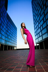 Portrait of beautiful young model at city center