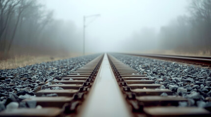 Fototapeta premium Single-track railway line in the morning mist. single set of railway tracks curving gently into the distance. The foreground is in sharp focus, showing the detailed ballast stones and steel rails