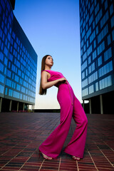 Portrait of beautiful young model at city center