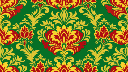 decorative floral seamless damask wallpaper pattern golden red green colors isolated backgrounds for knitted fabric textured, fabric printing,backgrounds, damask, ornate, textile, repetition, 