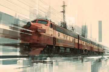 Vintage Red Electric Train Moving Through Urban Cityscape in Motion Blur Style