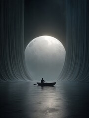 Surreal moonlit scene with lone rowboat framed by towering curtains – perfect for fantasy book covers, cinematic posters, or dream-inspired artwork