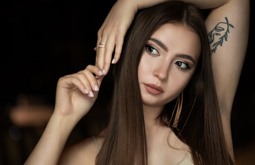 Portrait of beautiful young model at city center