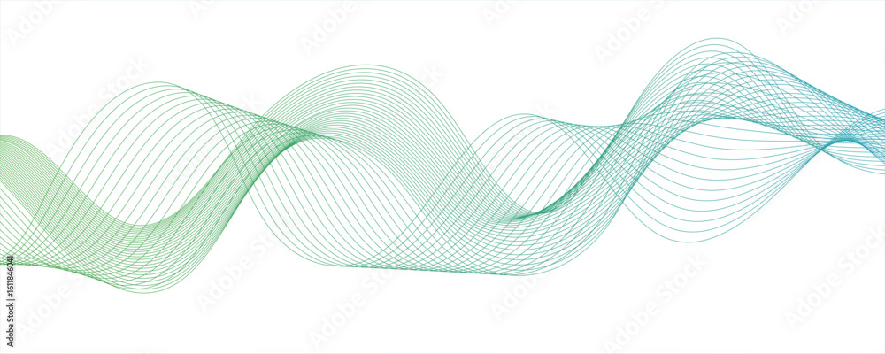 Poster minimalist abstract wave design consisting of smooth, flowing white and green lines on a white backg