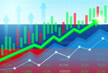 Russia Economy. Flag of Russia with Rising Financial Graph. Economic Growth and Development Concept. Vector Illustration.  