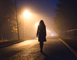 Silhouette woman walking down foggy road at night
