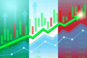 Italy Economy. Flag of Italy with Rising Financial Graph. Economic Growth and Development Concept. Vector Illustration.  