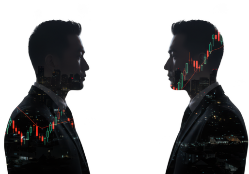 Silhouetted businessmen with stock chart and city overlay isolated on transparent background