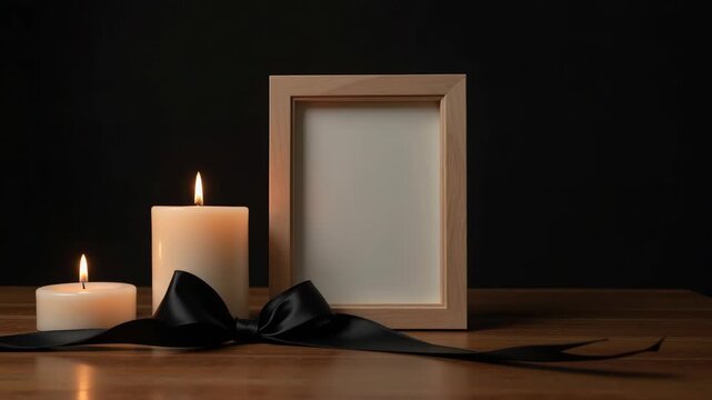 Memorial service arrangement with blank photo frame, candles and black ribbon displayed on wooden table. Memorial service occasion arrangement symbolizes loss and remembrance.