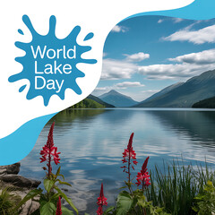 Scenic landscape with mountains and lake for World Lake Day celebration promoting freshwater conservation and ecosystem awareness