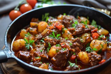 Fototapeta premium Delicious, steaming hot beef stew simmering with potatoes, herbs, and spices in a cast iron pan, perfect for a hearty meal