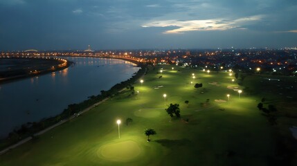 Illuminated Golf Course at Night Captures the Serene Beauty and Urban Lights in a Stunning Aerial View
