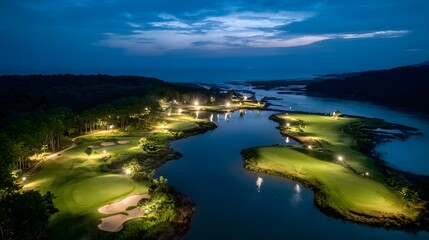 Fototapeta premium Scenic Golf Course at Night A Serene Landscape of Greens Water and Night Lights Creating a Tranquil Ambiance