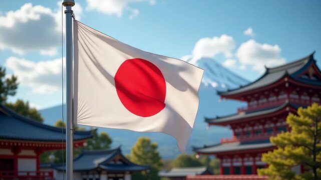 Japanese flag waves proudly with Mount Fuji in background, beautiful Japanese flag with traditional temple. Japanese flag on flagpole against a majestic mountain evokes Japanese history and culture.