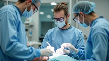 Surgical procedure featuring team of surgeons in sterile operating room. This surgical procedure requires focus and precision from medical staff with mask and surgical gowns. - Powered by Adobe