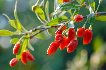 Naklejka na ściany i meble Close up of ripe goji berries growing on a branch, showcasing their vibrant red color and healthy appearance