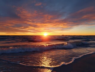 Fiery Sunset Serenade Where the Sky Kisses the Sea, a Dance of Golden Hues and Gentle Ocean Waves