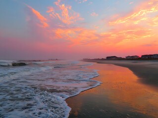 Vibrant Sunrise Over Serene Beach Waters A Coastal Scene of Tranquility and Breathtaking Beauty With Soft Waves