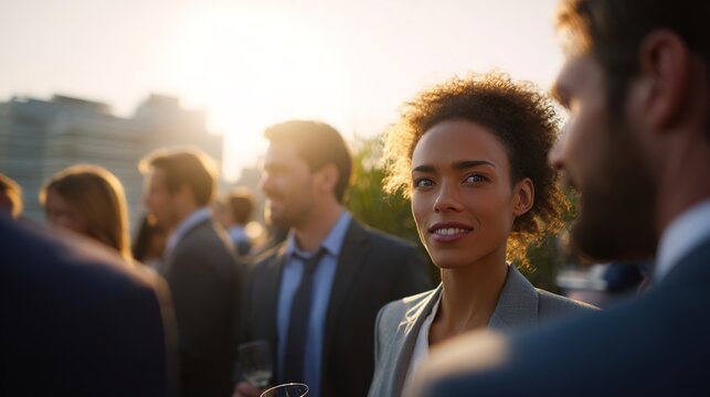 Woman at Evening Rooftop Event with Friends Against City Skyline