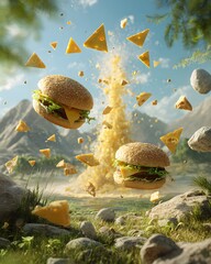 Whimsical Cheese Burst Burger Extravaganza Levitating Amidst a Serene Landscape A Culinary Symphony in Nature