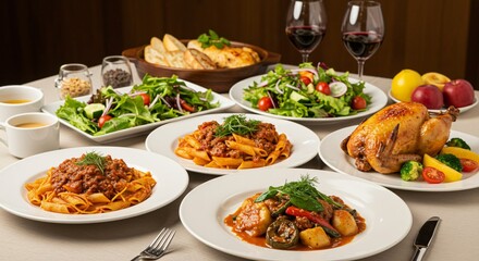 A lavish and abundant Italian feast set on a dining table, featuring roasted chicken, multiple pasta dishes, fresh salads and red wine.