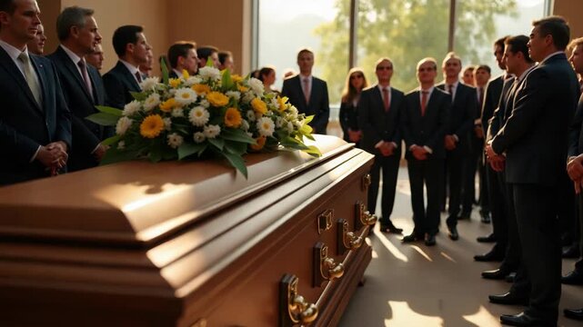 Funeral service showing a casket with flower arrangement as mourners gather. Funeral symbolizes loss, bereavement, and remembrance. Funeral is a solemn occasion to pay respects and support grieving.