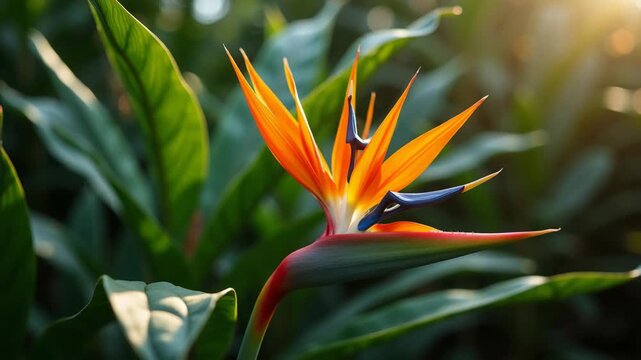 Bird of paradise flower in full bloom, showcasing its vibrant colors against backdrop of lush green leaves. Stunning bird of paradise flower, a tropical bloom, offers botanical beauty and charm.