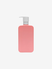 Pink cosmetic product mockup with space for logo. Minimalist Matte Pink Pump Bottle on White Background.