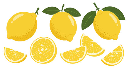 Collection of Fresh Lemons with Leaves and Slices Isolated on White