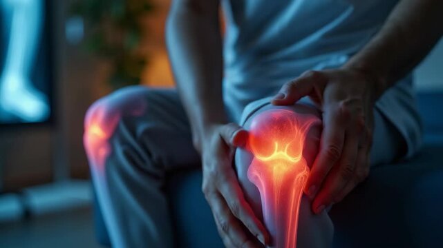 Experiencing knee pain with illuminated bones showcasing affected joint and inflammation. Knee pain might indicate osteoarthritis or a meniscal tear.
