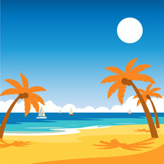 Sunny Beach Scene with Palm Trees, Ocean, and Sailboats Under a Bright Sky