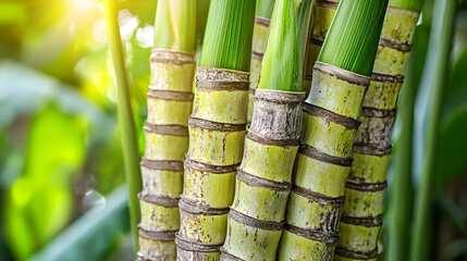 Fototapeta premium Close-up of multiple, vibrant green plant stalks, featuring segmented, light tan/yellow stems and lush green leaves. Sunlight filters through the foliage