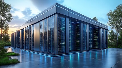 Modern futuristic data center building with glass facade reflecting blue lights and surrounding lush green nature at sunset