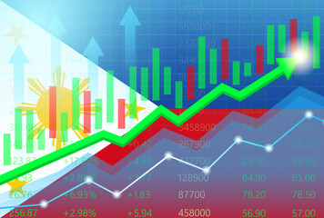 Philippines Economy. Flag of Philippines with Rising Financial Graph. Economic Growth and Development Concept. Vector Illustration.  