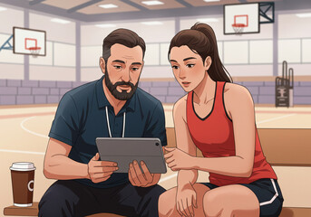 A focused coach and determined basketball player discussing strategies on a tablet in the gym